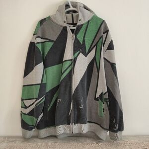 Karl Kani Hoodie Sweater, Men's XLarge, Green and grey abstract, Y2K streetwear